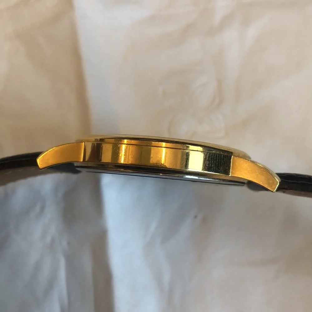 Movado Leather Watch - Grained Black Leather with Gold